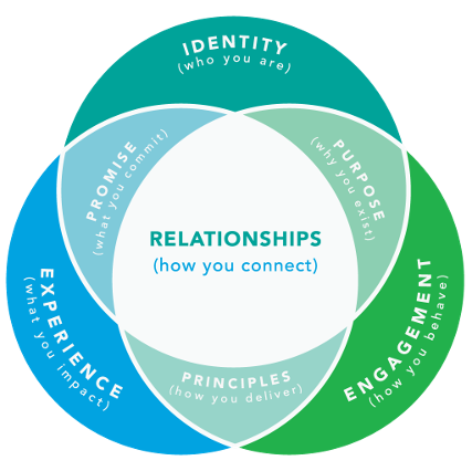 Culture Design Framework: overlapping circles of Identity (who you are), Purpose (why you exist), Engagement (how you behave) and Experience (what you impact), with Promise, Principles and Relationships at the intersections